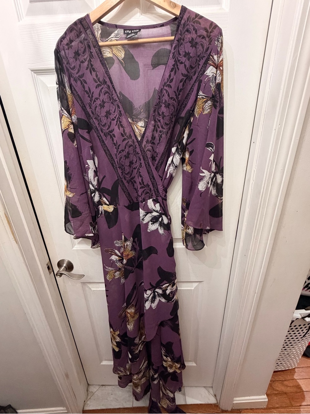 City Chic Purple Floral Wrap Maxi sheer dress